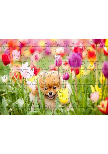 Rengarenk Laleler Arasındaki Sevimli Kahverengi Köpek 120 Parça Puzzle Yapboz Mdf (Ahşap)