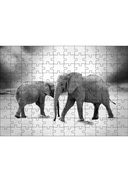 Savanada Iki Fil ve Bulutlu Gökyüzü Monokrom 120 Parça Puzzle Yapboz Mdf (Ahşap)