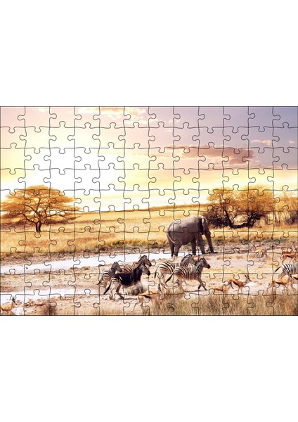 Savanada Su Kenarındaki Hayvanlar 120 Parça Puzzle Yapboz Mdf (Ahşap)