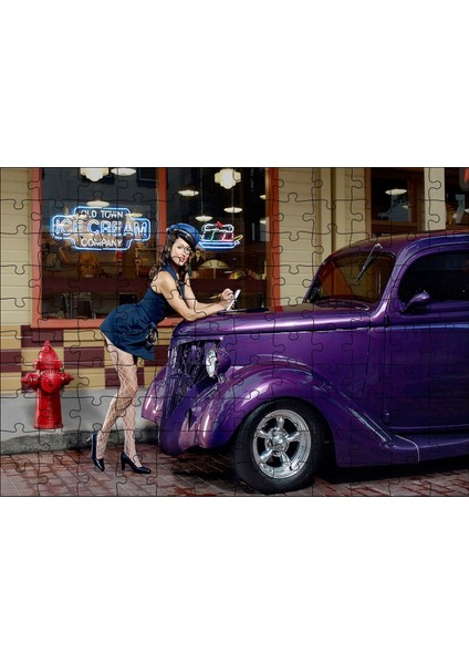 Klasik Otomobil Çekici Kadın 120 Parça Puzzle Yapboz Mdf (Ahşap)