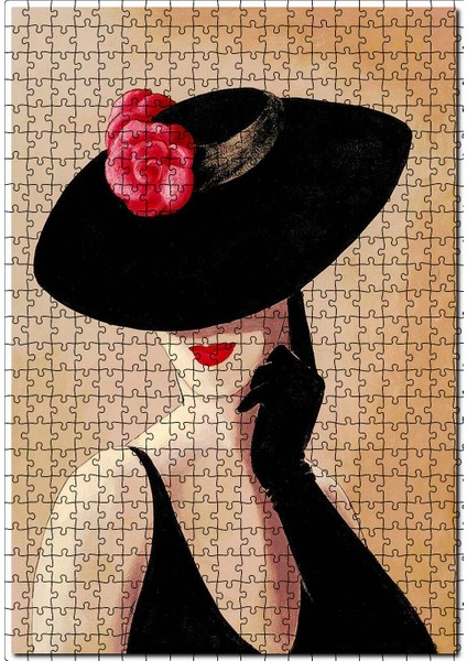 Kırmızı Gül Şekilli Şapkalı Kadın Görseli 120 Parça Puzzle Yapboz Mdf (Ahşap)