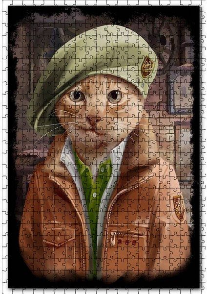 Pilot Montlu ve Komando Bereli Sarı Kedi 120 Parça Puzzle Yapboz Mdf (Ahşap)