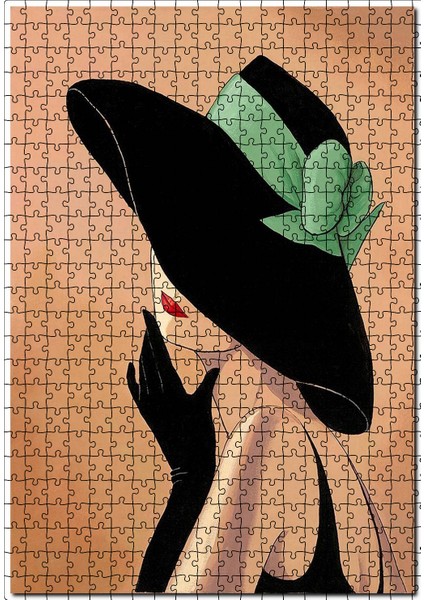 Yeşil Kurdeleli Şapkalı Kadın Görseli 120 Parça Puzzle Yapboz Mdf (Ahşap)
