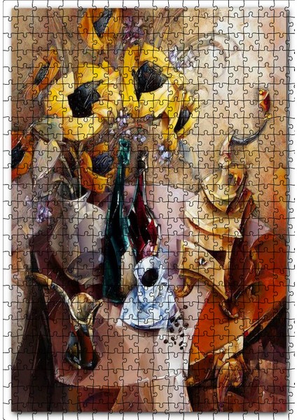 Şarap Kahve Çiçekler ve Müzik Kutusu 120 Parça Puzzle Yapboz Mdf (Ahşap)