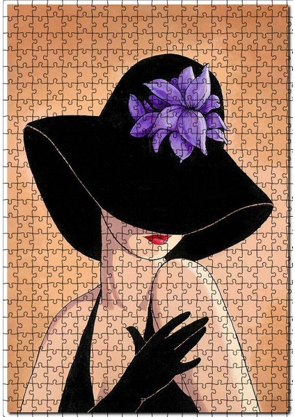 Mor Çiçekli Şapkalı Kadın Görseli 120 Parça Puzzle Yapboz Mdf (Ahşap)