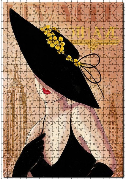 New York Zeminde Sarı Çiçekli Şapkalı Kadın 120 Parça Puzzle Yapboz Mdf (Ahşap)