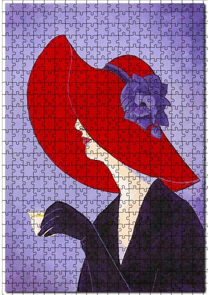 Mor Zeminde Şapkalı Kadın Görseli 120 Parça Puzzle Yapboz Mdf (Ahşap)