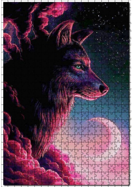 Kızıl Kurt Ay Bulutlar ve Yıldızlar 120 Parça Puzzle Yapboz Mdf (Ahşap)