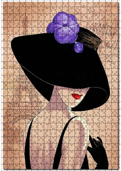 Paris Zeminde Şapkalı Kadın Görseli 120 Parça Puzzle Yapboz Mdf (Ahşap)