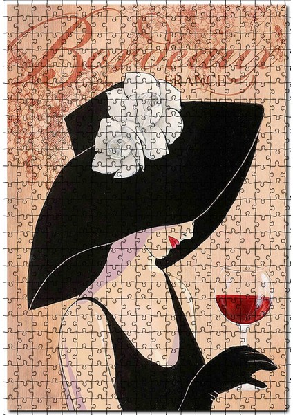 Şapkalı Kadın Üzüm Kadeh Görseli 120 Parça Puzzle Yapboz Mdf (Ahşap)