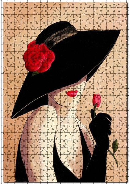 Şapkalı Kırmızı Güllü Kadın Görseli 120 Parça Puzzle Yapboz Mdf (Ahşap)