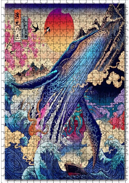 Dev Balina Ahtapot Kırlangıçlar ve Dalgalar 120 Parça Puzzle Yapboz Mdf (Ahşap)
