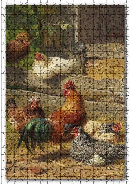 Kümeste Tavuklar ve Horoz Görseli 120 Parça Puzzle Yapboz Mdf (Ahşap)