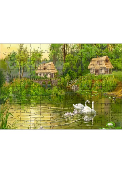 Göl Manzaralı Kulübeler ve Kuğu Çiftiyle Yavruları 120 Parça Puzzle Yapboz Mdf (Ahşap)