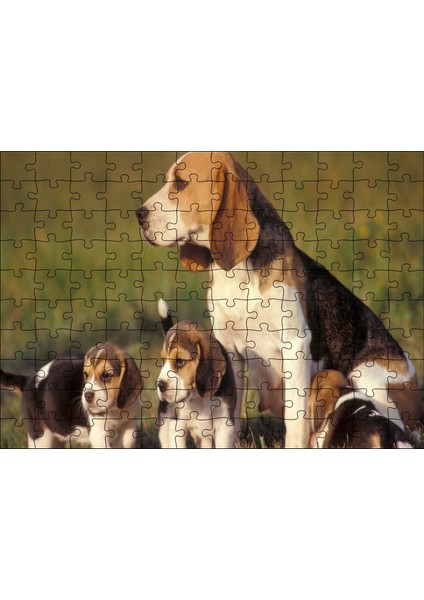 Anne Beagle ve Sevimli Yavruları 120 Parça Puzzle Yapboz Mdf (Ahşap)