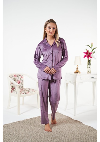 Kadın Kışlık Önden Düğmeli Yıldız Desenli Kadife Pijama Takımı Mor
