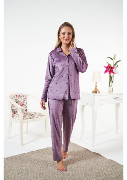 Kadın Kışlık Önden Düğmeli Yıldız Desenli Kadife Pijama Takımı Mor fiyatları