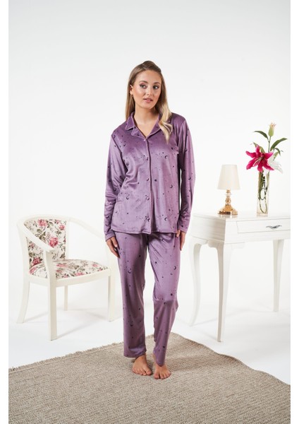 Kadın Kışlık Önden Düğmeli Yıldız Desenli Kadife Pijama Takımı Mor indirimleri