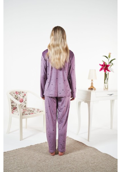Kadın Kışlık Önden Düğmeli Yıldız Desenli Kadife Pijama Takımı Mor