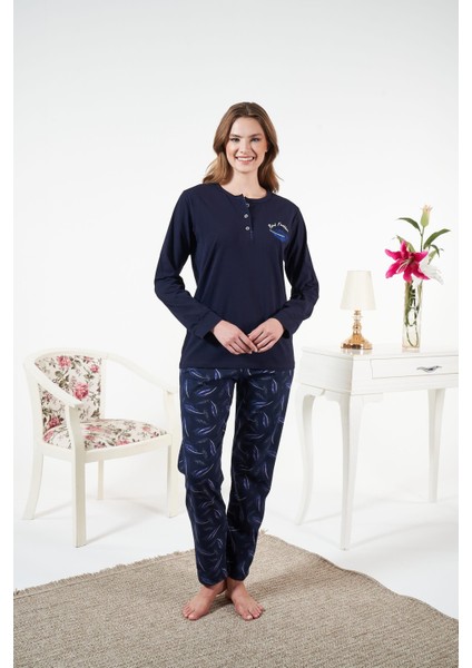 Kadın Kışlık Patlı Desenli Penye Lycra Pijama Takımı Lacivert indirimleri