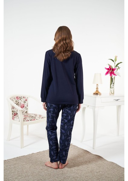 Kadın Kışlık Patlı Desenli Penye Lycra Pijama Takımı Lacivert