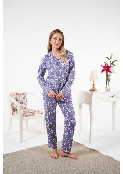 Kadın Kışlık Önden Düğmeli Çiçek Desenli Penye Lycra Pijama Takımı Mor