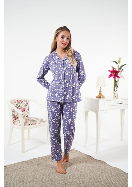 Kadın Kışlık Önden Düğmeli Çiçek Desenli Penye Lycra Pijama Takımı Mor fiyatları