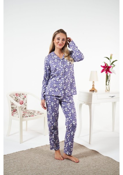 Kadın Kışlık Önden Düğmeli Çiçek Desenli Penye Lycra Pijama Takımı Mor modelleri