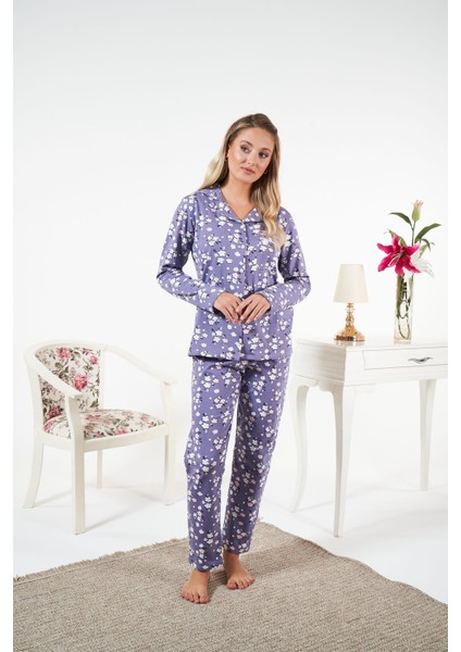 Kadın Kışlık Önden Düğmeli Çiçek Desenli Penye Lycra Pijama Takımı Mor fırsatları