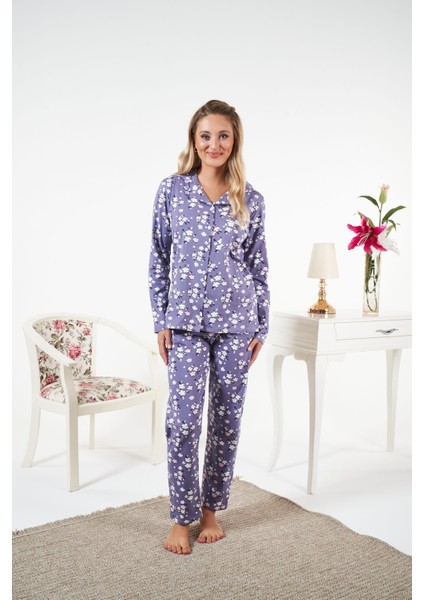 Kadın Kışlık Önden Düğmeli Çiçek Desenli Penye Lycra Pijama Takımı Mor indirimleri