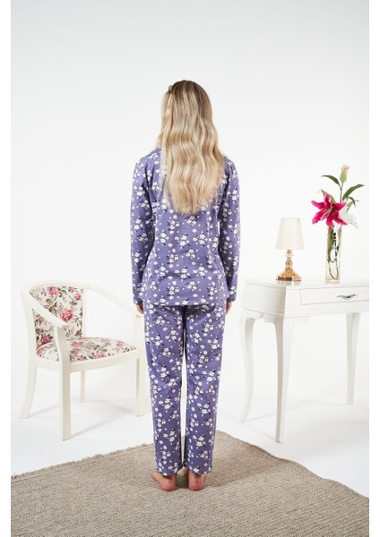 Kadın Kışlık Önden Düğmeli Çiçek Desenli Penye Lycra Pijama Takımı Mor