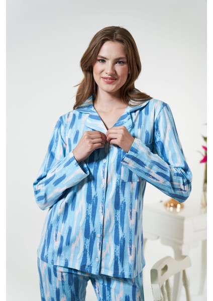 Kadın Kışlık Önden Düğmeli Desenli Penye Lycra Pijama Takımı Mavi fiyatları