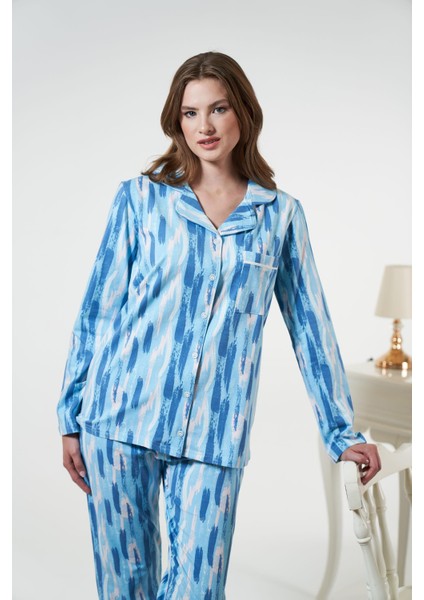 Kadın Kışlık Önden Düğmeli Desenli Penye Lycra Pijama Takımı Mavi modelleri