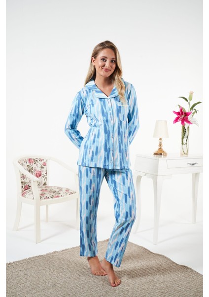 Kadın Kışlık Önden Düğmeli Desenli Penye Lycra Pijama Takımı Mavi indirimleri
