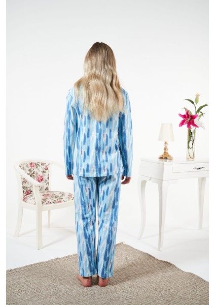 Kadın Kışlık Önden Düğmeli Desenli Penye Lycra Pijama Takımı Mavi
