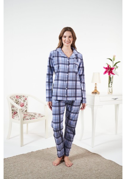 Kadın Kışlık Önden Düğmeli Kareli Penye Lycra Pijama Takımı Mavi