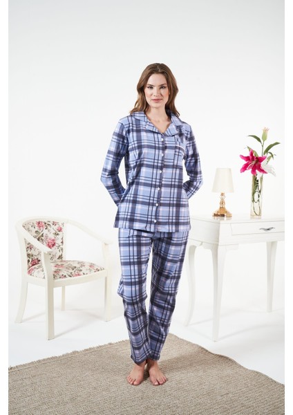Kadın Kışlık Önden Düğmeli Kareli Penye Lycra Pijama Takımı Mavi fiyatları