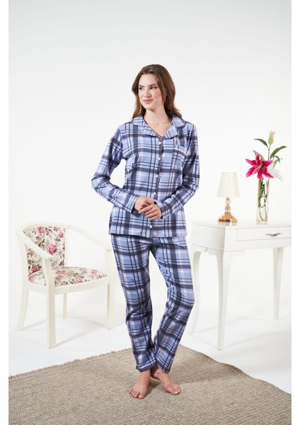 Kadın Kışlık Önden Düğmeli Kareli Penye Lycra Pijama Takımı Mavi modelleri