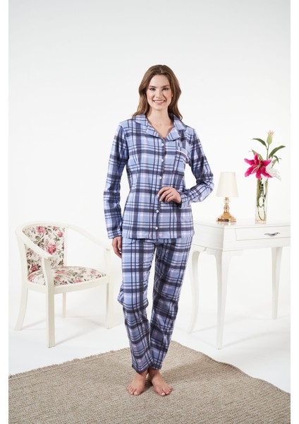 Kadın Kışlık Önden Düğmeli Kareli Penye Lycra Pijama Takımı Mavi fırsatları