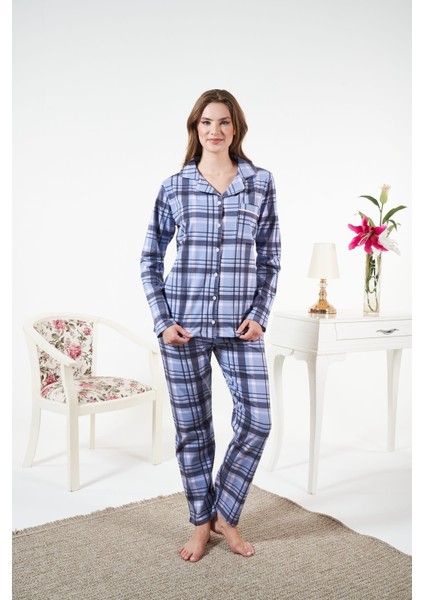 Kadın Kışlık Önden Düğmeli Kareli Penye Lycra Pijama Takımı Mavi indirimleri