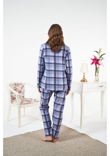 Kadın Kışlık Önden Düğmeli Kareli Penye Lycra Pijama Takımı Mavi