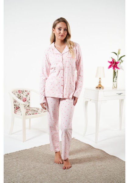 Kadın Kışlık Önden Düğmeli Puantiyeli Penye Lycra Pijama Takımı