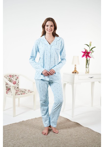 Kadın Kışlık Önden Düğmeli Puantiyeli Penye Lycra Pijama Takımı