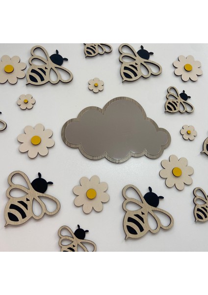 Çocuk Odası Duvar Dekorasyon | Ahşap Arılar, Papatyalar ve Pleksi Ayna Seti|94*63 CM|TB2012