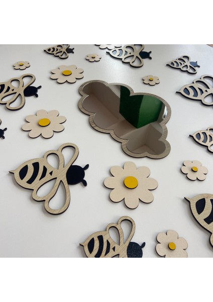 Çocuk Odası Duvar Dekorasyon | Ahşap Arılar, Papatyalar ve Pleksi Ayna Seti|94*63 CM|TB2012 fiyatları