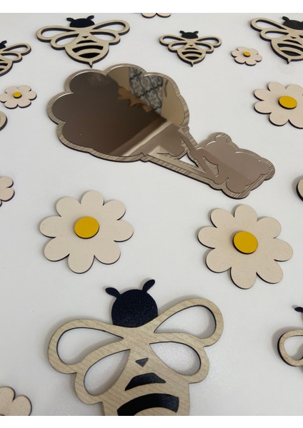 Çocuk Odası Duvar Dekorasyon | Ahşap Arılar, Papatyalar ve Pleksi Ayna Seti|94*63 CM|TB2013