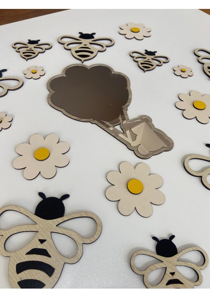 Çocuk Odası Duvar Dekorasyon | Ahşap Arılar, Papatyalar ve Pleksi Ayna Seti|94*63 CM|TB2013 fiyatları