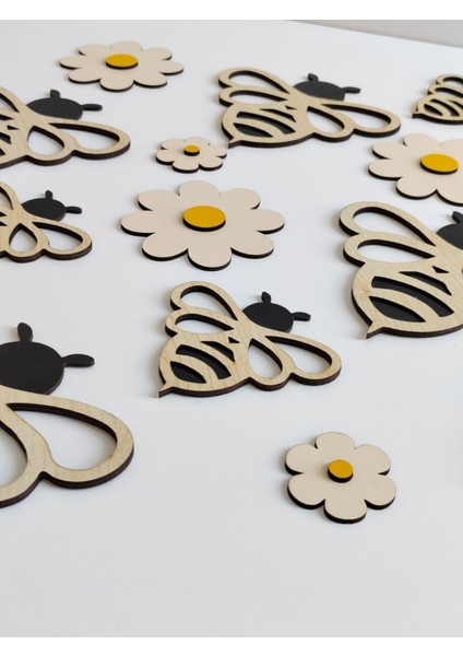 Çocuk Odası Duvar Dekorasyon | Ahşap Arılar ve Papatyalar|15*15 CM|TB2015