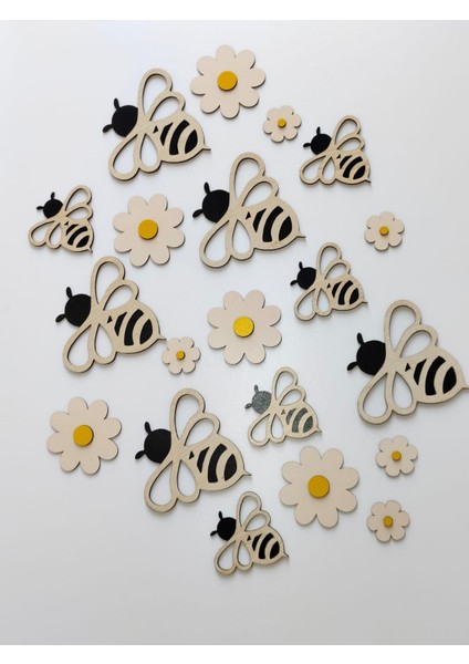 Çocuk Odası Duvar Dekorasyon | Ahşap Arılar ve Papatyalar|15*15 CM|TB2015 modelleri