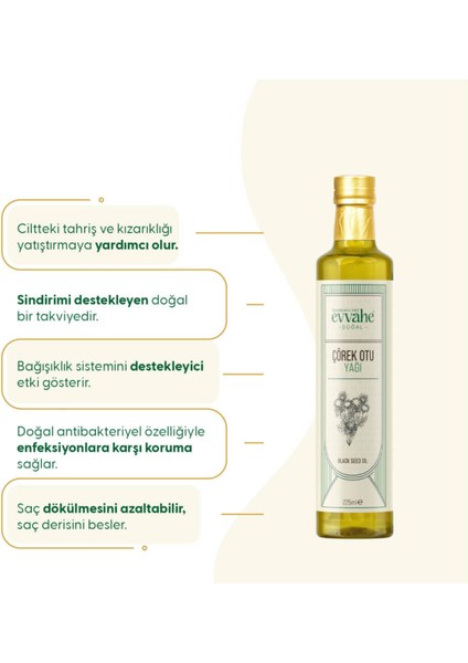 Evvahé Doğal Çörek Otu Yağı 225 ml – Soğuk Sıkım, Katkısız, Besin Değeri Yüksek Saf ve Aromatik Yağ modelleri